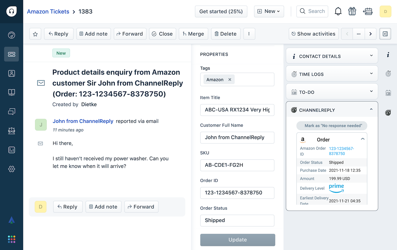 The ChannelReply App on an Amazon Ticket in Freshdesk
