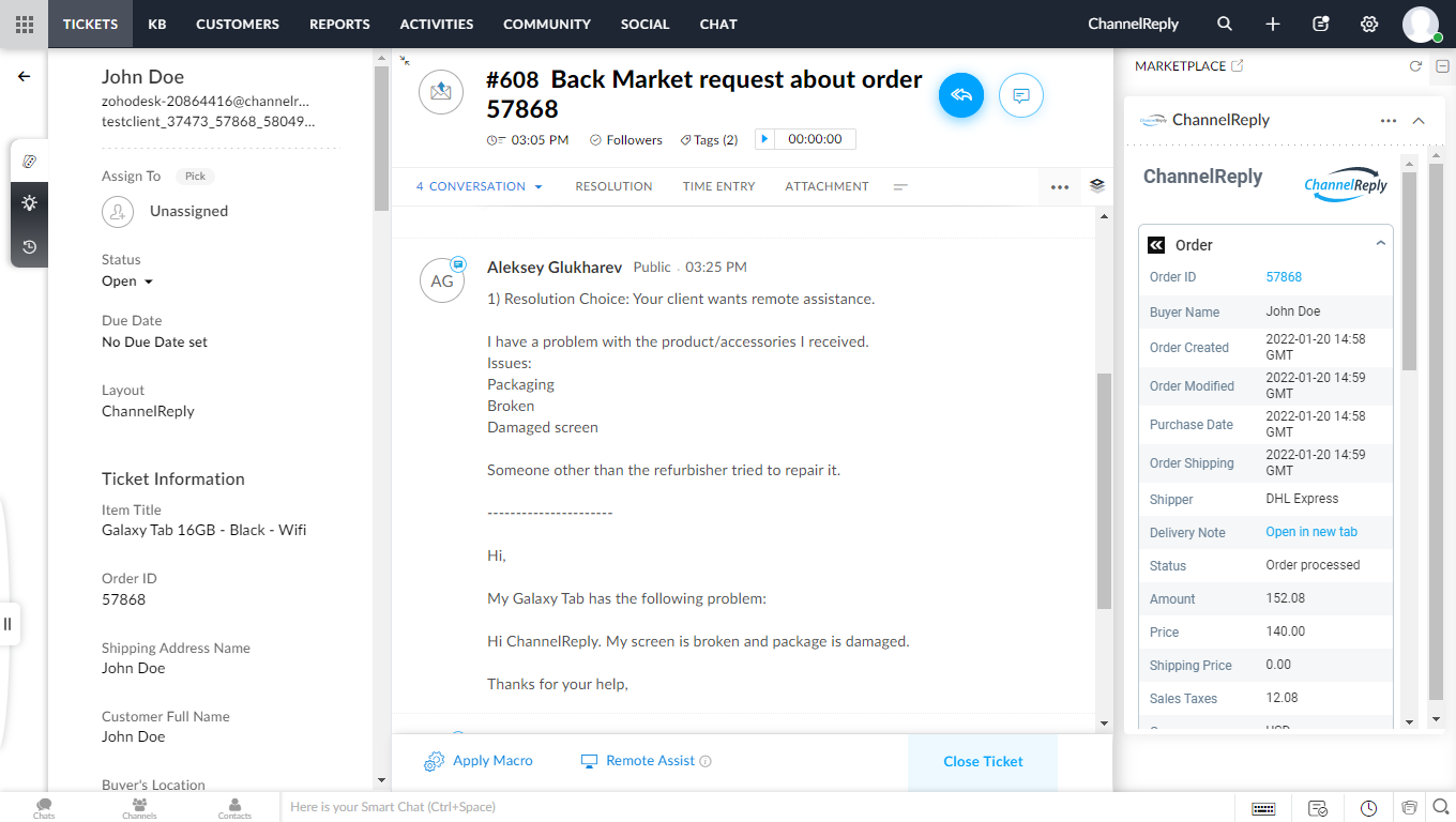 Back Market message in Zoho Desk with ChannelReply data