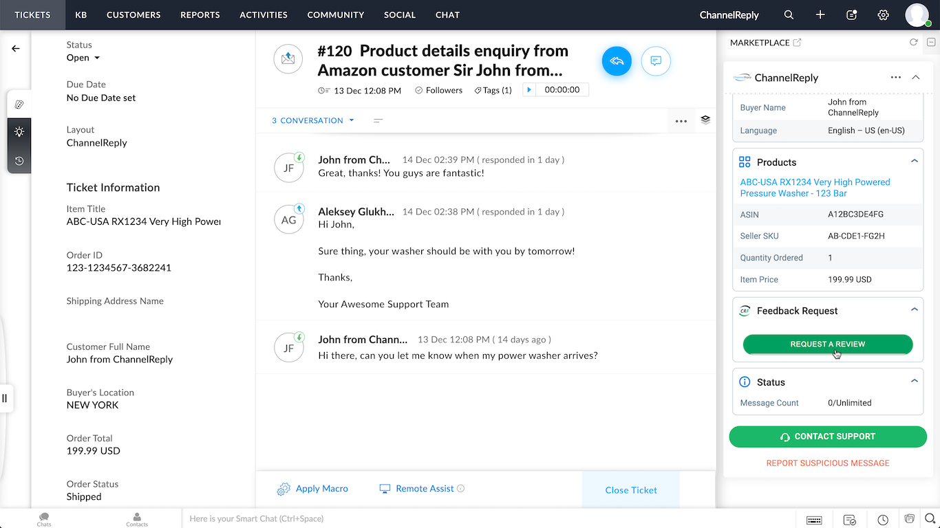 Amazon messages in Zoho Desk with Request a Review button