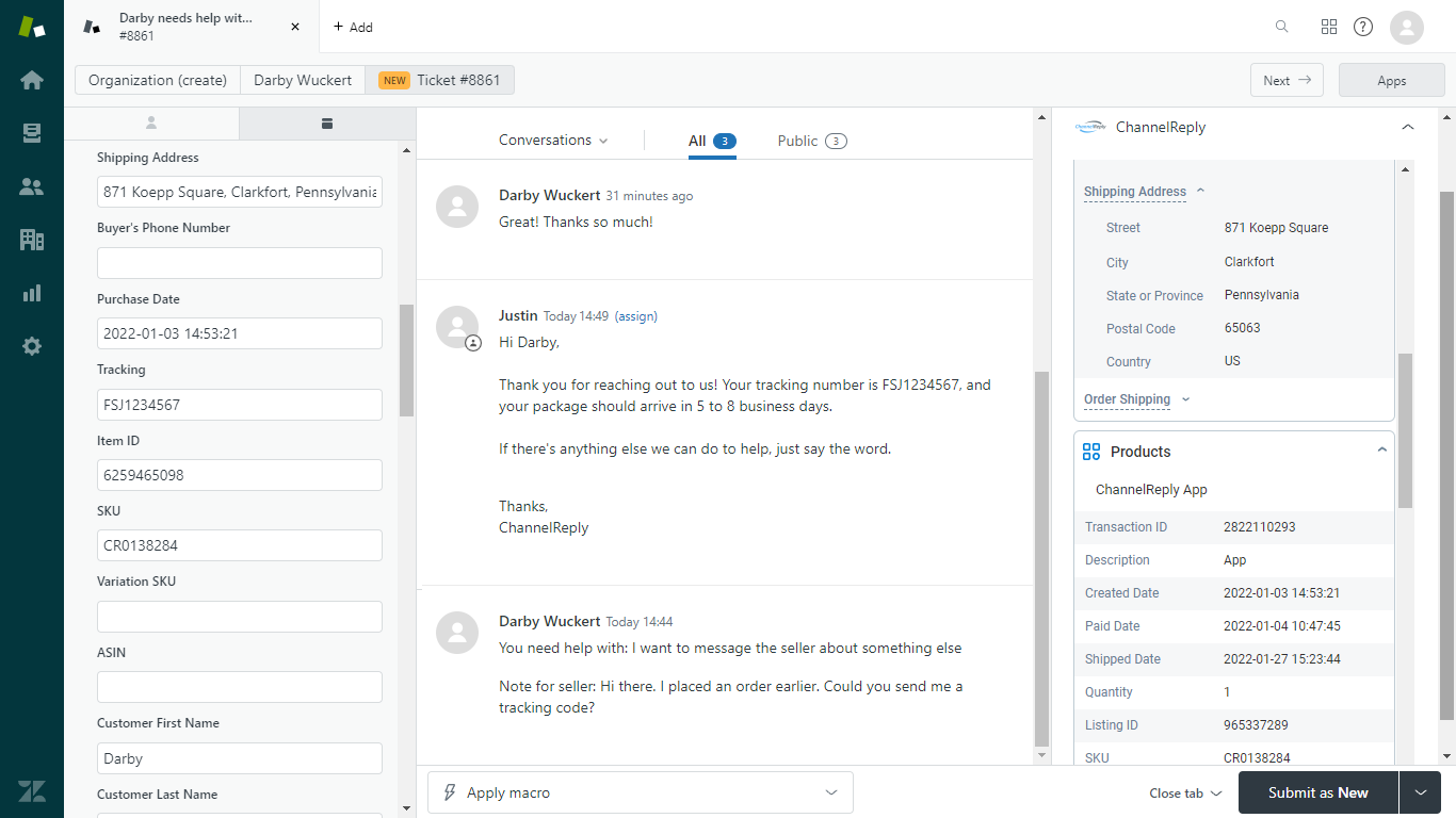 Conversation with an Etsy customer in Zendesk with ChannelReply