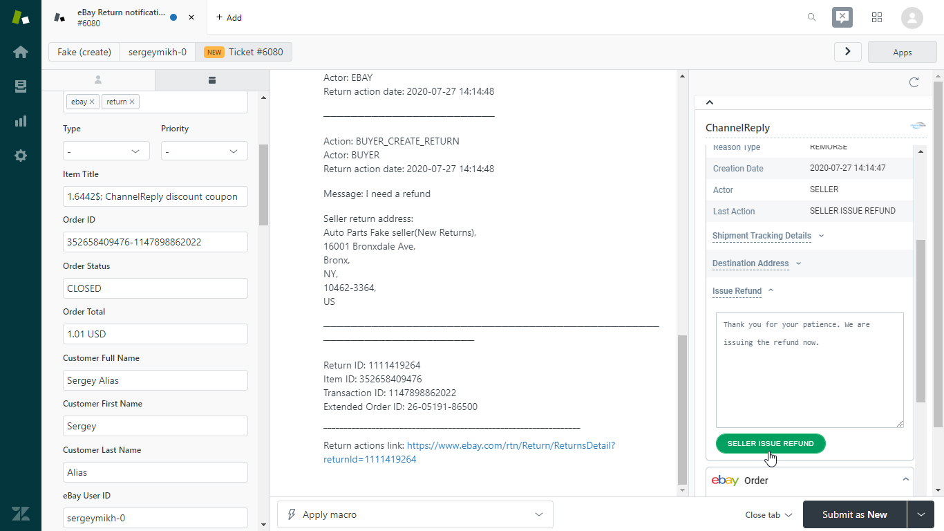 Processing eBay returns in Zendesk with ChannelReply