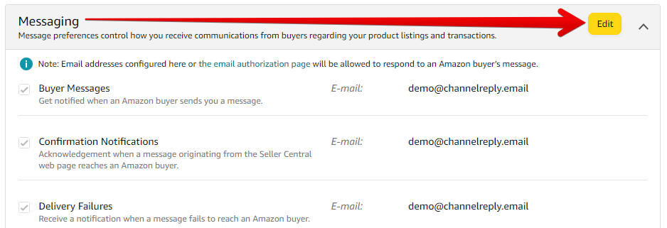 Edit Button for Amazon Messaging Settings