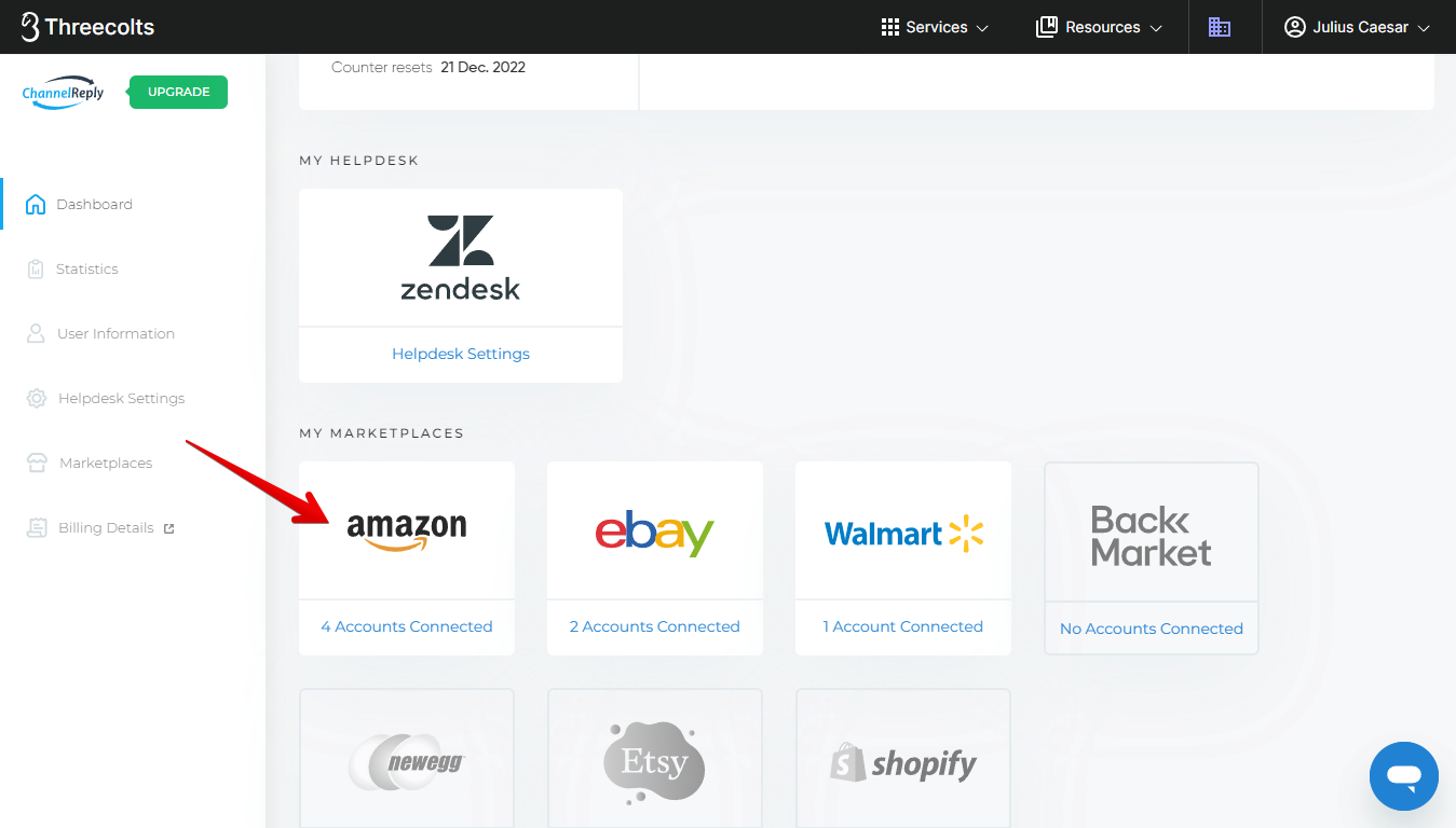 Selecting Amazon on the ChannelReply Dashboard to add Additional Accounts