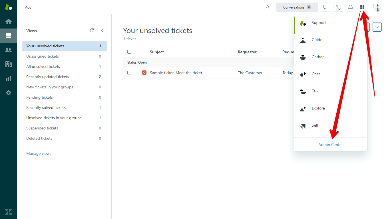 Zendesk Products menu and Admin Center button