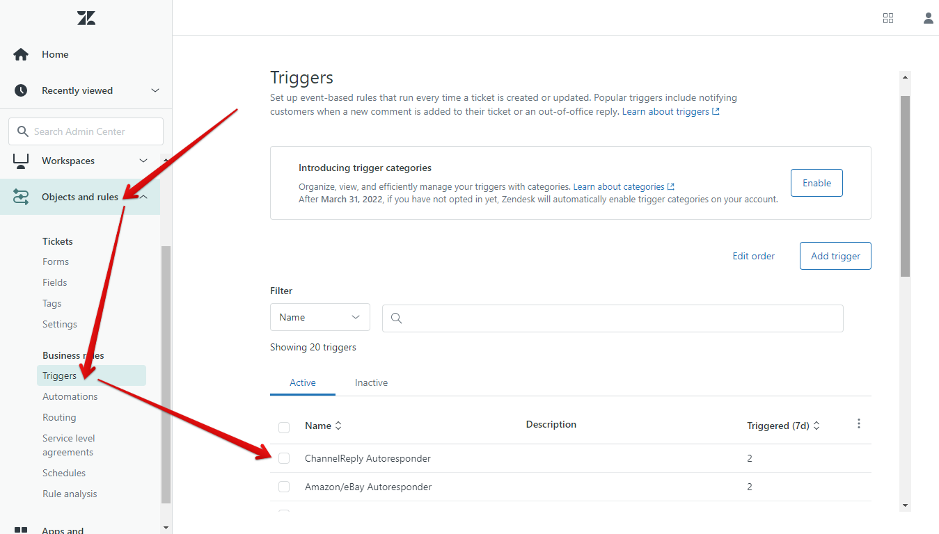 Objects and rules menu, Triggers submenu, and ChannelReply Autoresponder trigger in Zendesk Admin Center