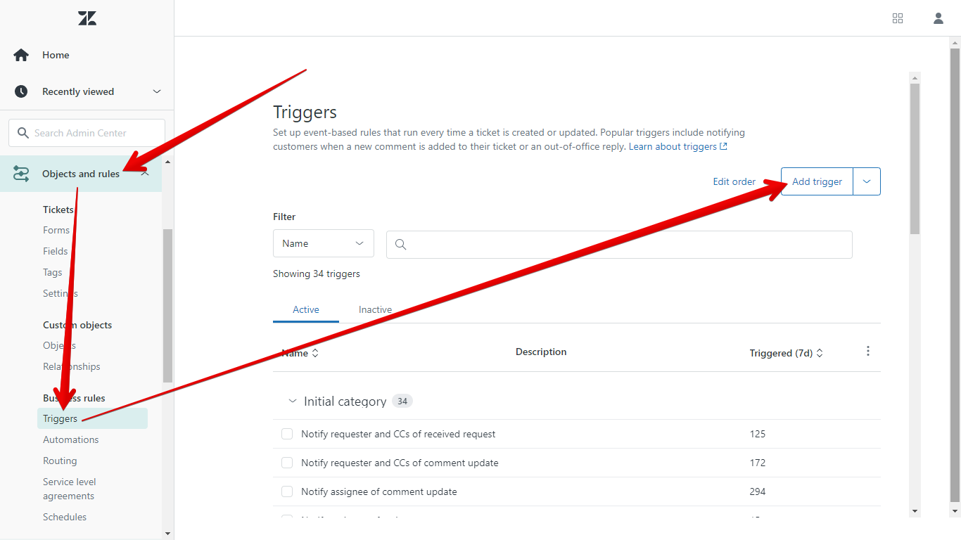 Zendesk Objects and Rules submenu, Triggers menu item, and Add Trigger button
