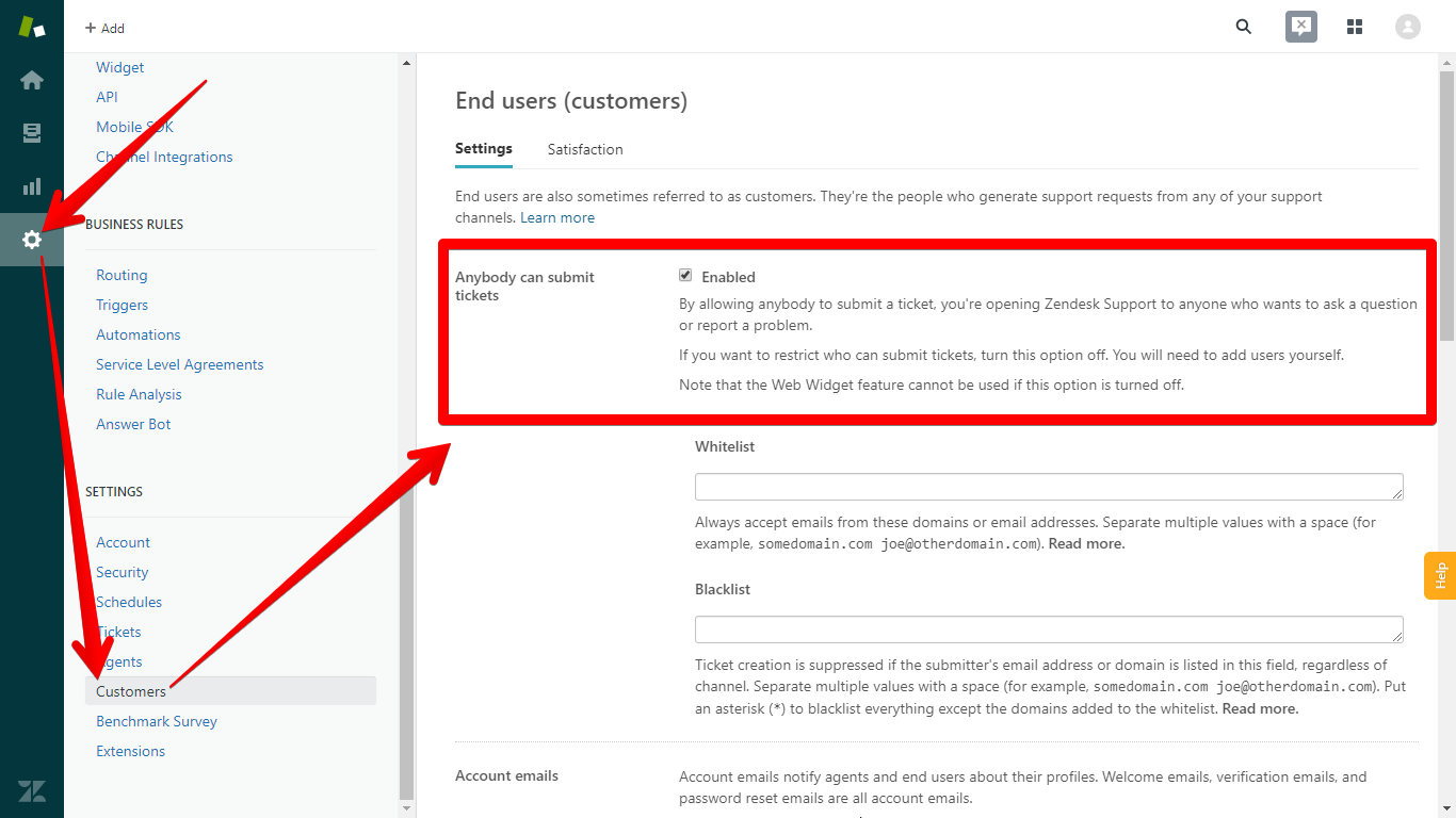 Zendesk Admin menu, Customers submenu, and Anybody can submit tickets setting (enabled)
