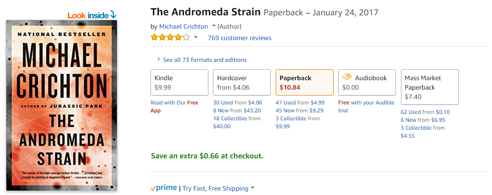 Amazon Listing of The Andromeda Strain by Michael Crichton