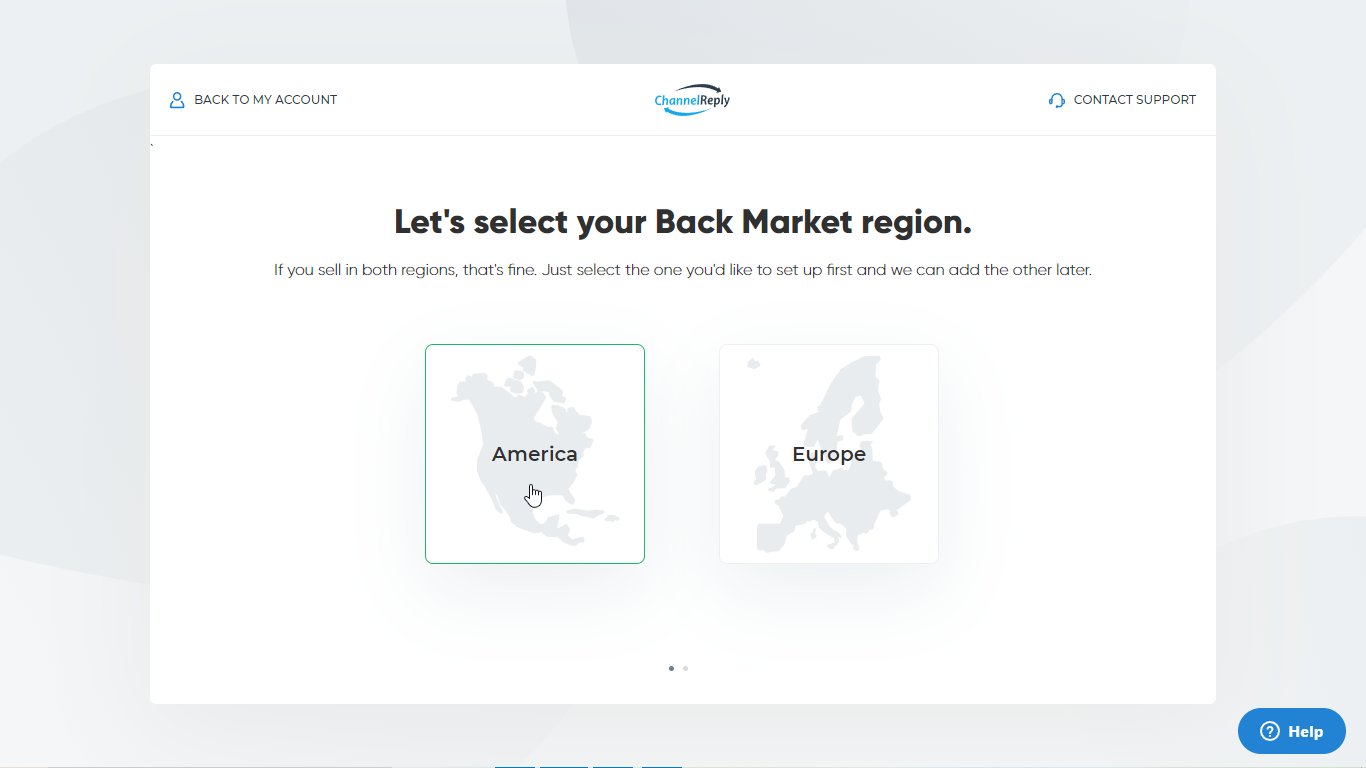 Back Market region selection with America and Europe options