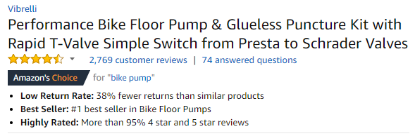 Bike Pump Listing on Amazon