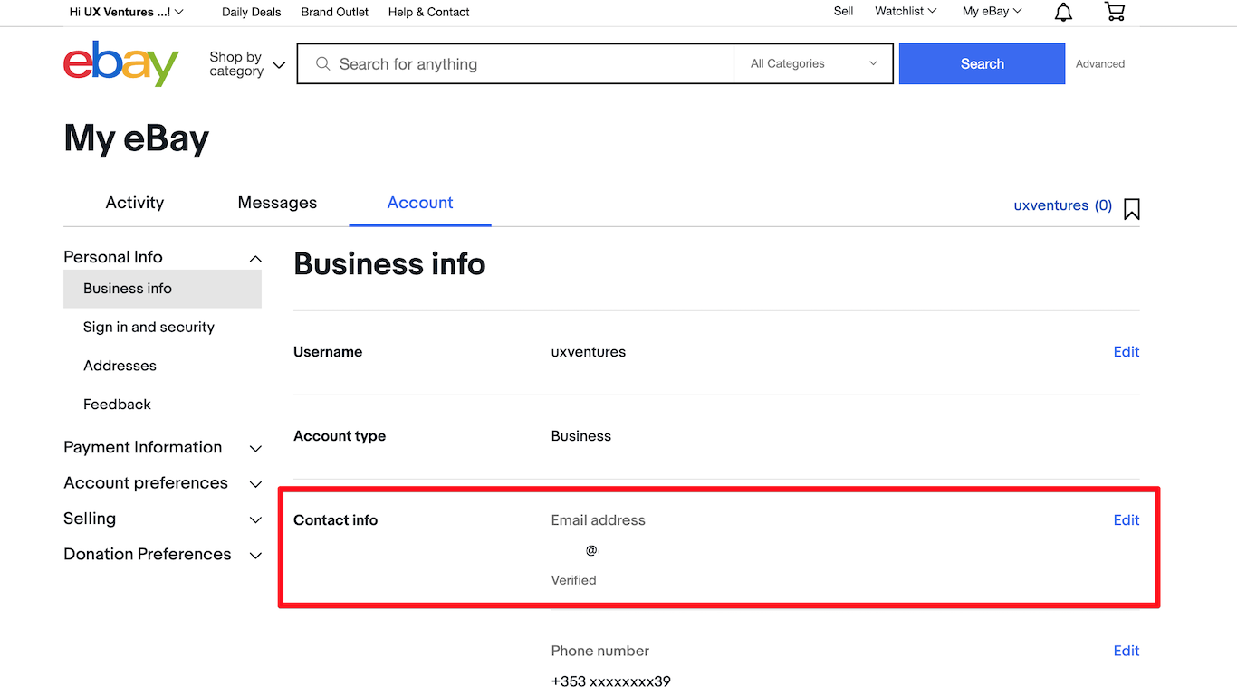 Contact Info Section in Business Info on eBay