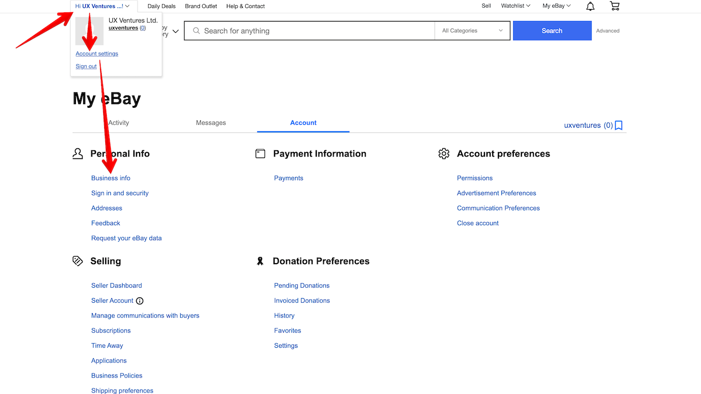 Account Settings and Business Info on eBay