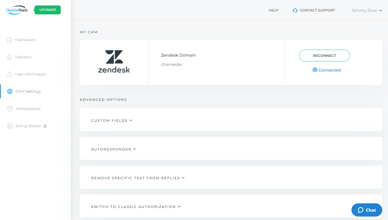 CRM Settings Tab with Zendesk Connected