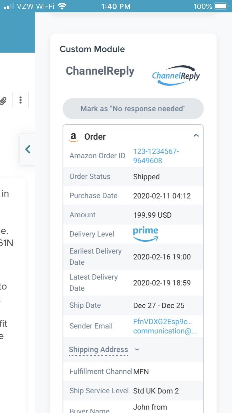 Amazon Data from ChannelReply in the Re:amaze Mobile App