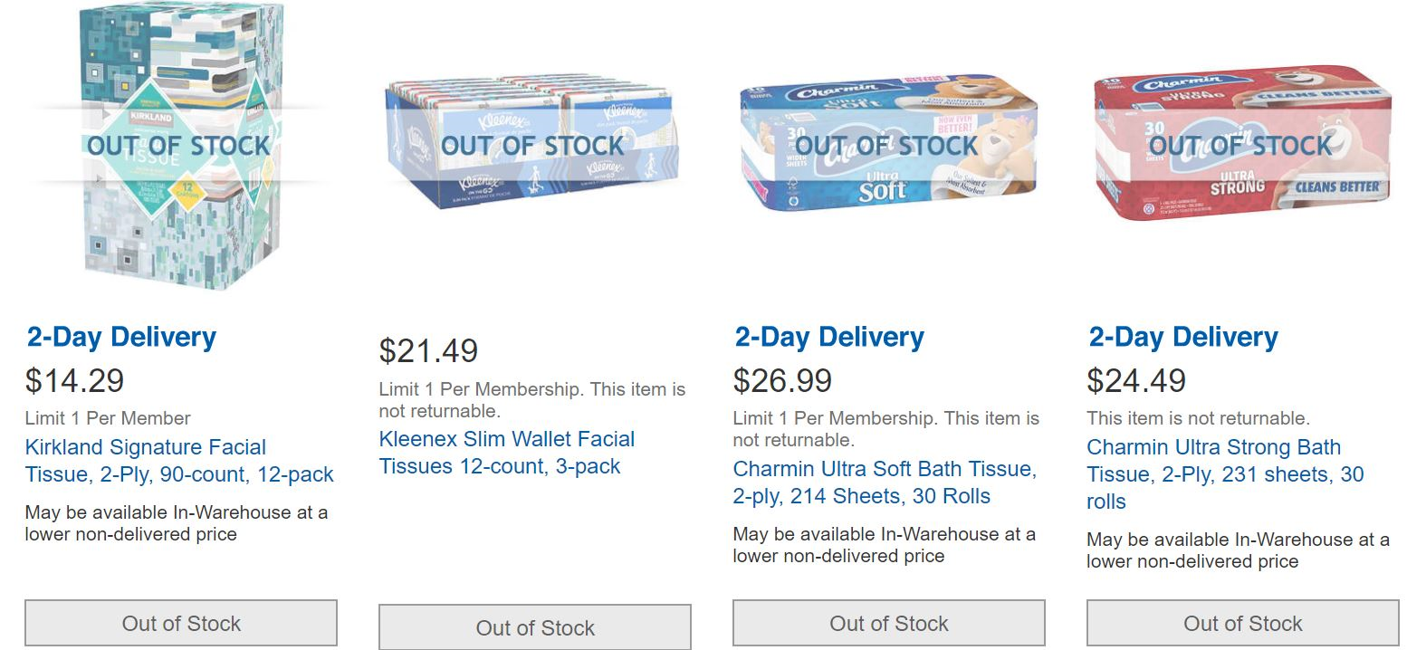 Sold-Out Tissues and Toilet Paper on Costco