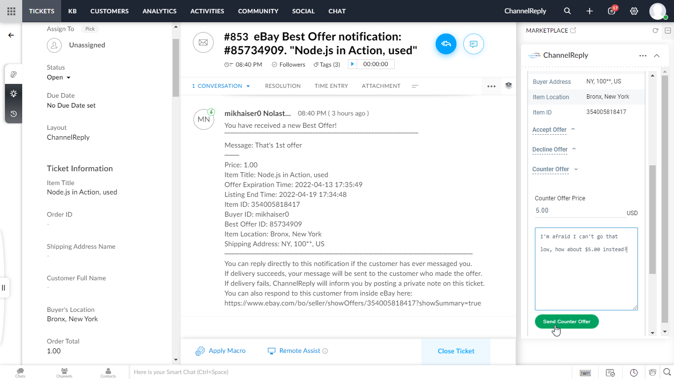 Making a Counteroffer to an eBay Best Offer Notification in Zoho Desk