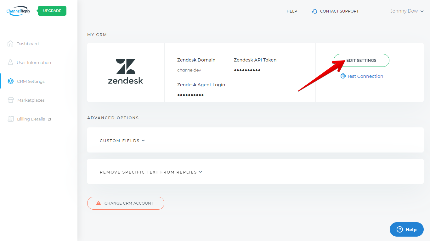 Edit Zendesk Settings in ChannelReply