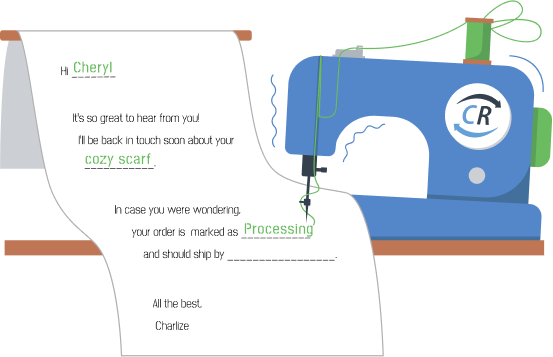 Illustration of a ChannelReply sewing machine automatically sewing order details into an Etsy autoreply