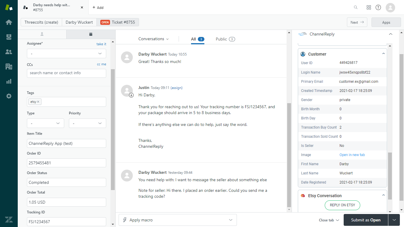 Conversation with an Etsy customer in Zendesk with ChannelReply