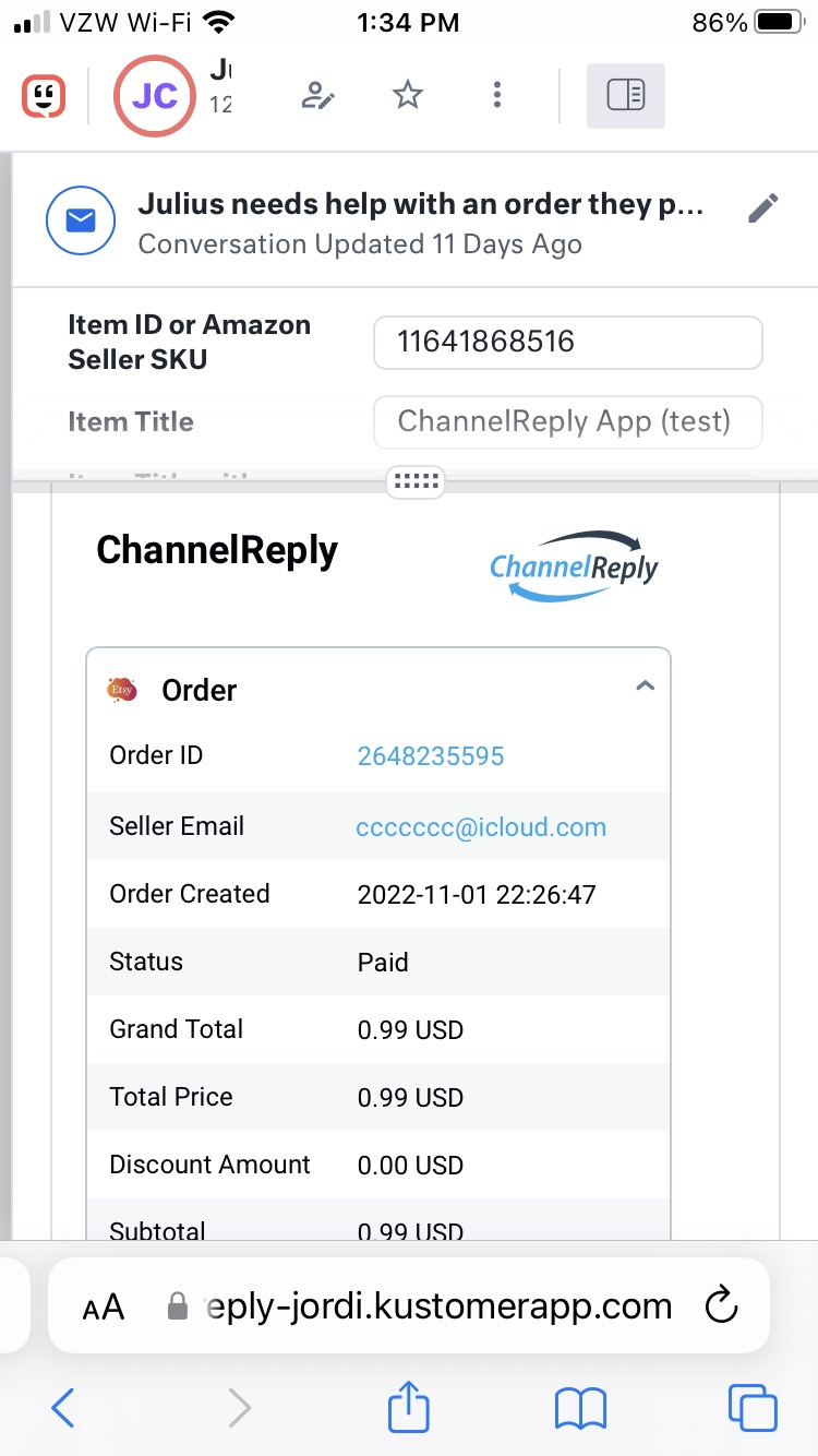 ChannelReply app on an Etsy message in Kustomer in mobile vertical screen