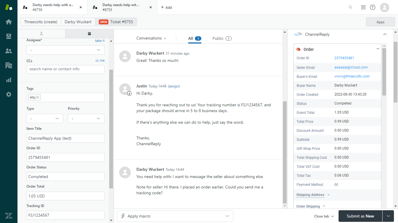An email conversation with an Etsy customer in Zendesk with ChannelReply