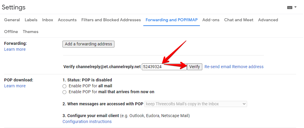 Confirmation code entered in the confirmation code field and Verify button in Gmail