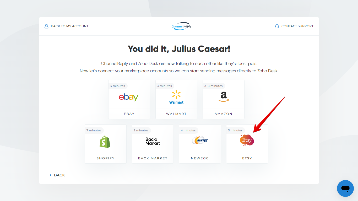 Choosing to integrate Etsy with ChannelReply on the Zoho Desk integration success screen