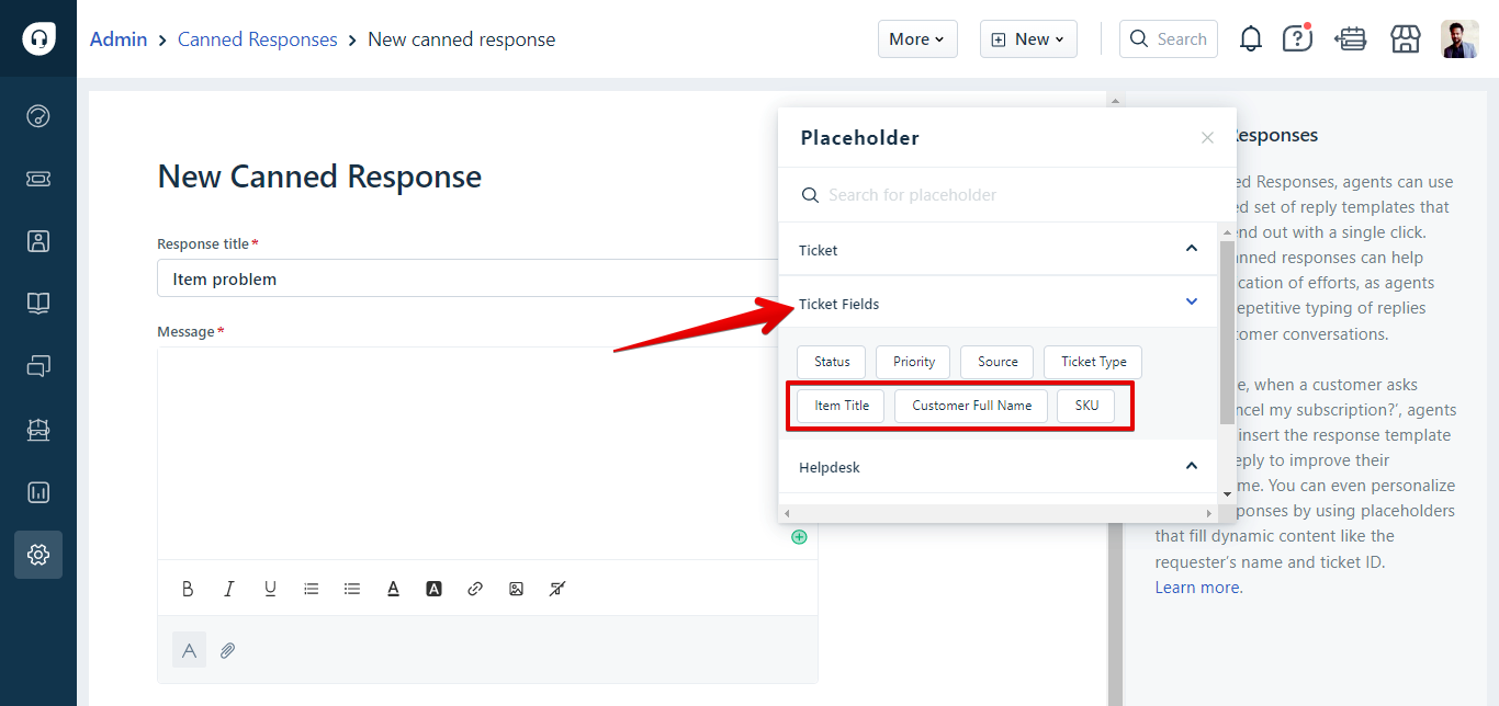Ticket Field Submenu in Freshdesk Canned Response Placeholders