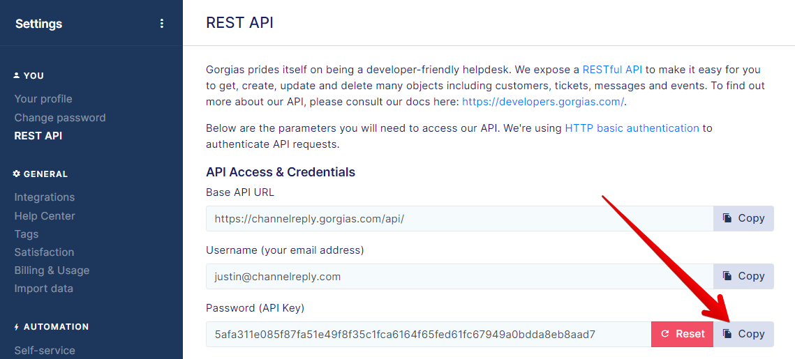 Copy Gorgias API Key