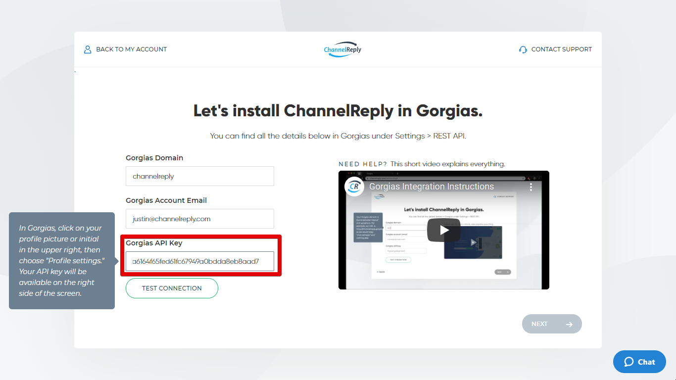 Past Gorgias API Key into ChannelReply
