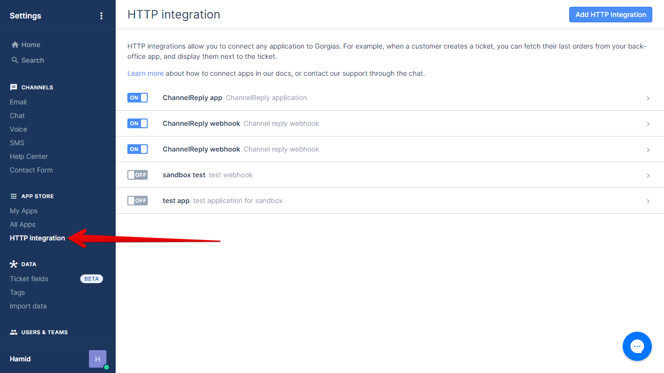 HTTP integration button