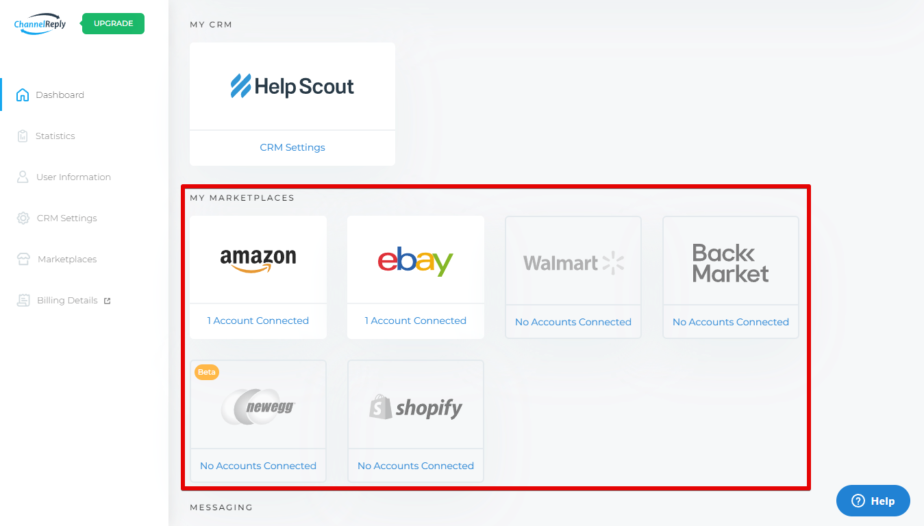 Integrate Help Scout with Amazon, eBay, Walmart, Back Market, Shopify or Newegg from ChannelReply Dashboard