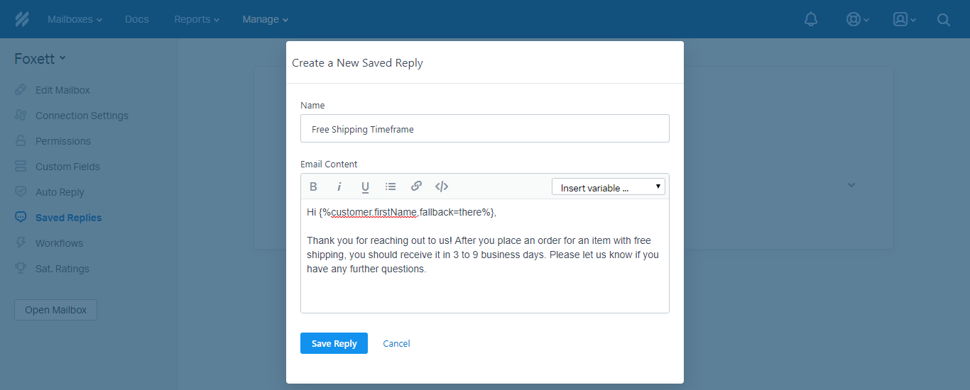 Saved Reply Creation in Help Scout