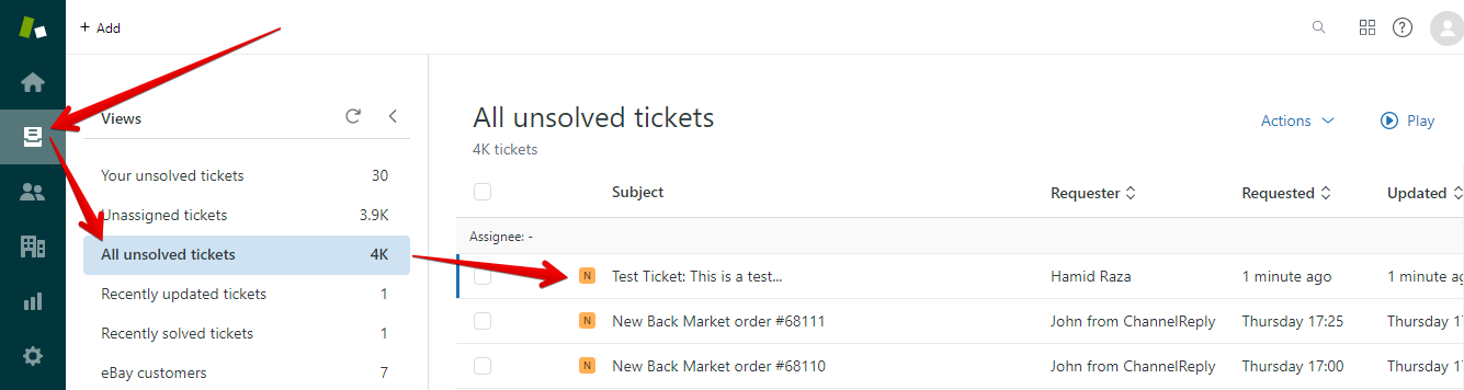 Finding a new ticket under Views > All unsolved tickets in Zendesk