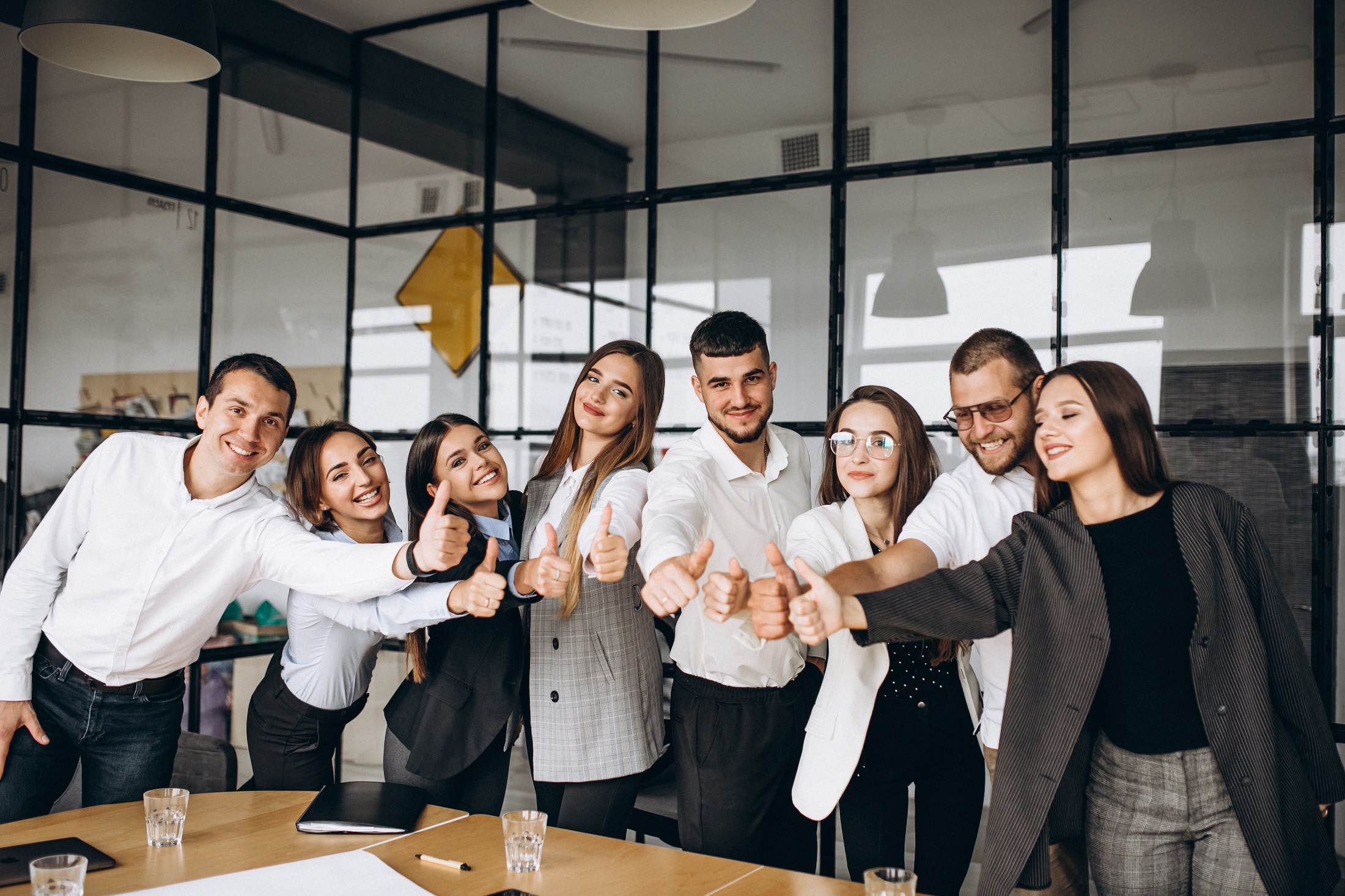 A motivated team of young people, all giving a thumbs-up