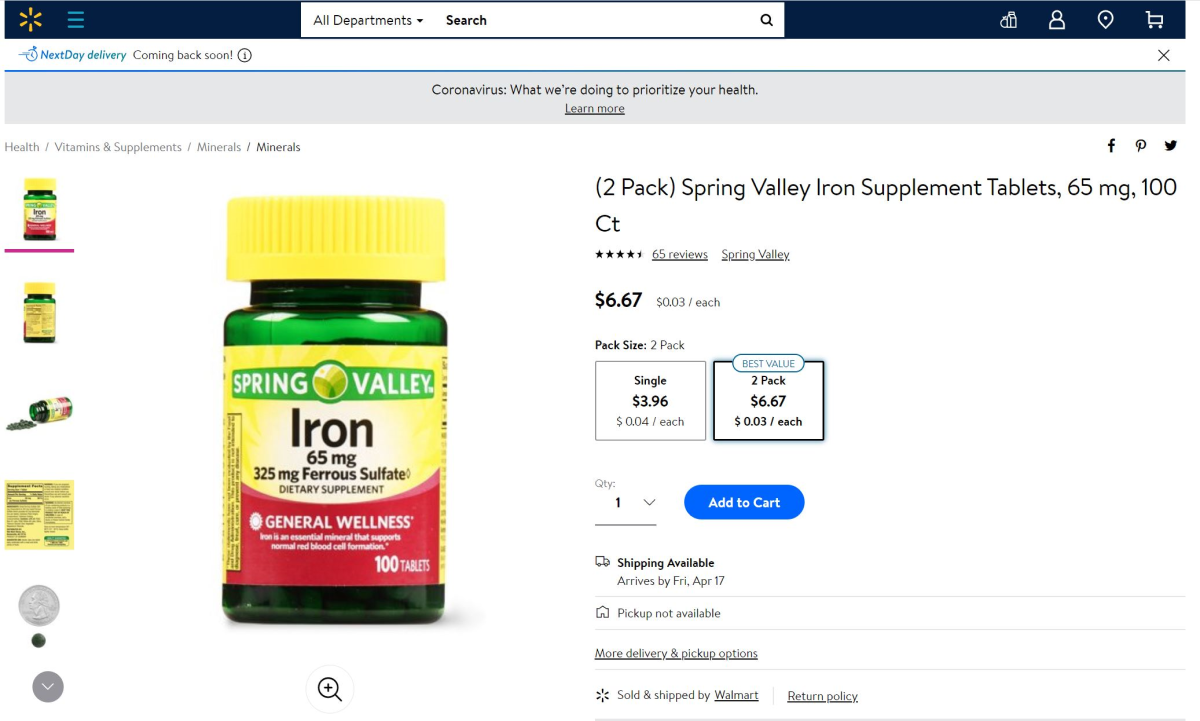 Spring Valley Iron Supplements on Walmart Marketplace