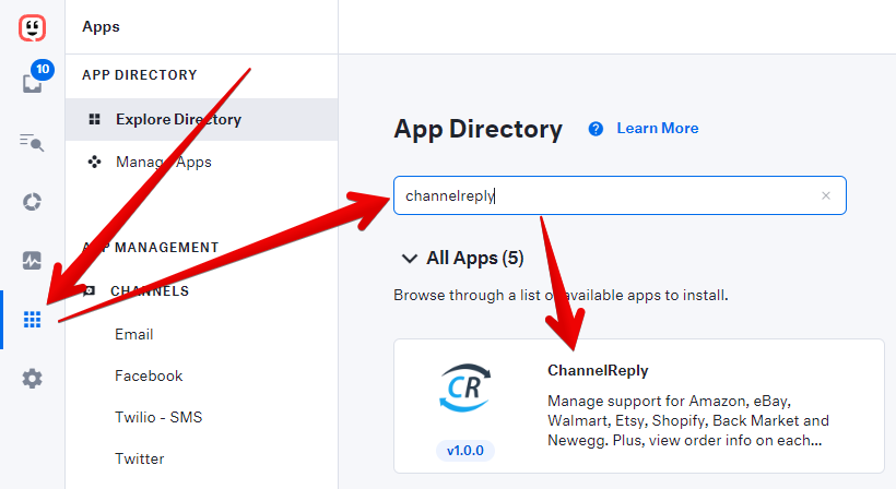 Apps button, app directory search, and ChannelReply app listing in Kustomer