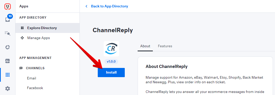 Install button on the ChannelReply app listing in Kustomer