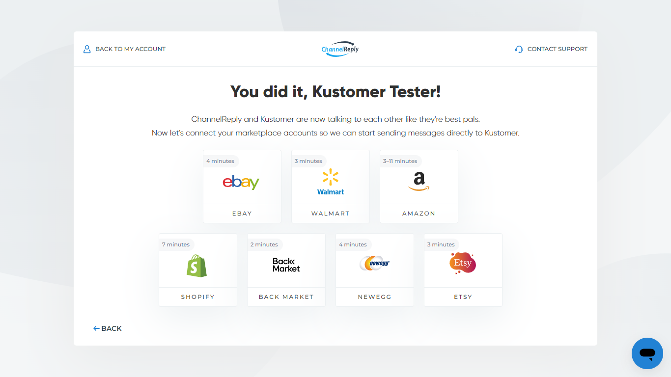 Kustomer integration success screen with eBay, Walmart, Amazon, Shopify, Back Market, Newegg and Etsy Integration Options