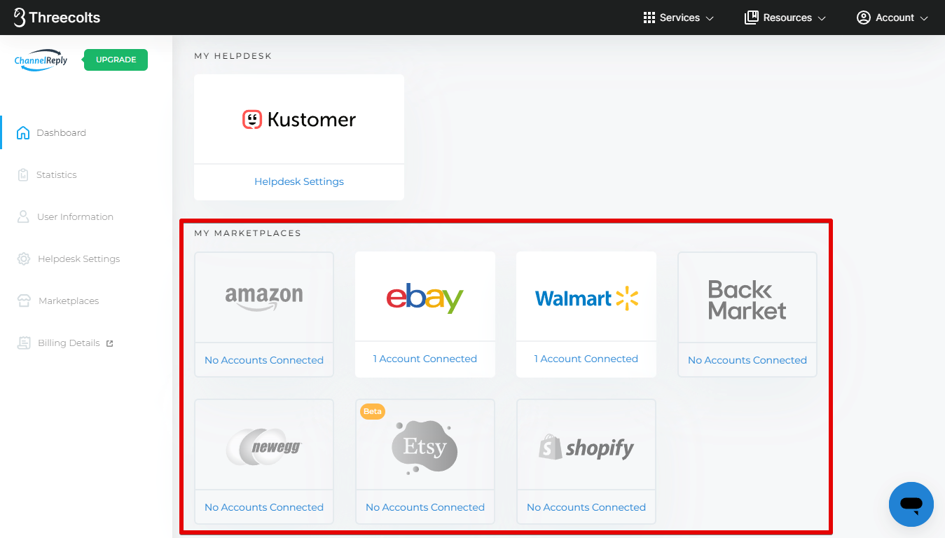 Marketplace Integration Options for Kustomer on the ChannelReply Dashboard