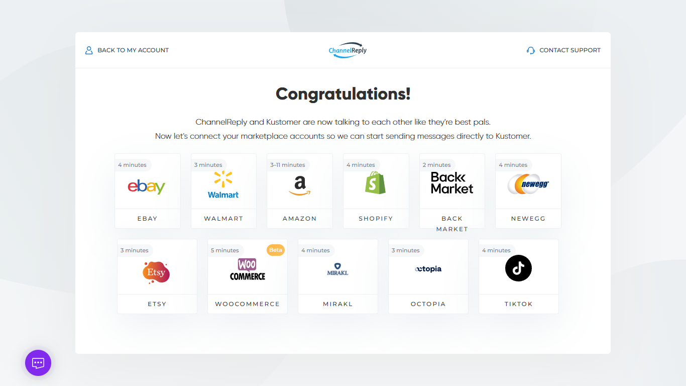Kustomer integration success screen with eBay, Walmart, Amazon, Shopify, Back Market, Newegg, Etsy, WooCommerce, Octopia, Mirakl and Tiktok Integration Options