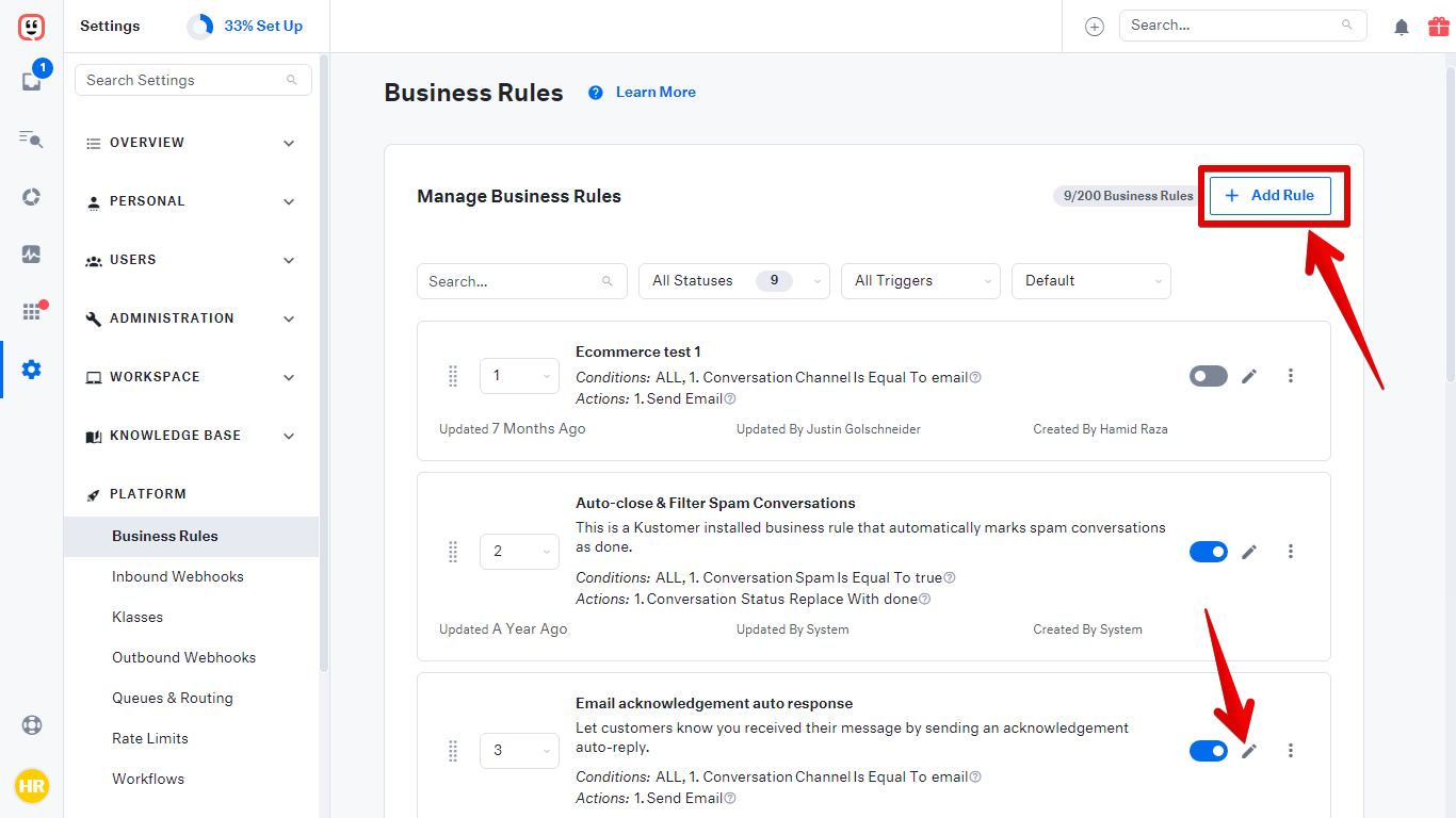 Edit button and Add Rule button for Business Rules in Kustomer