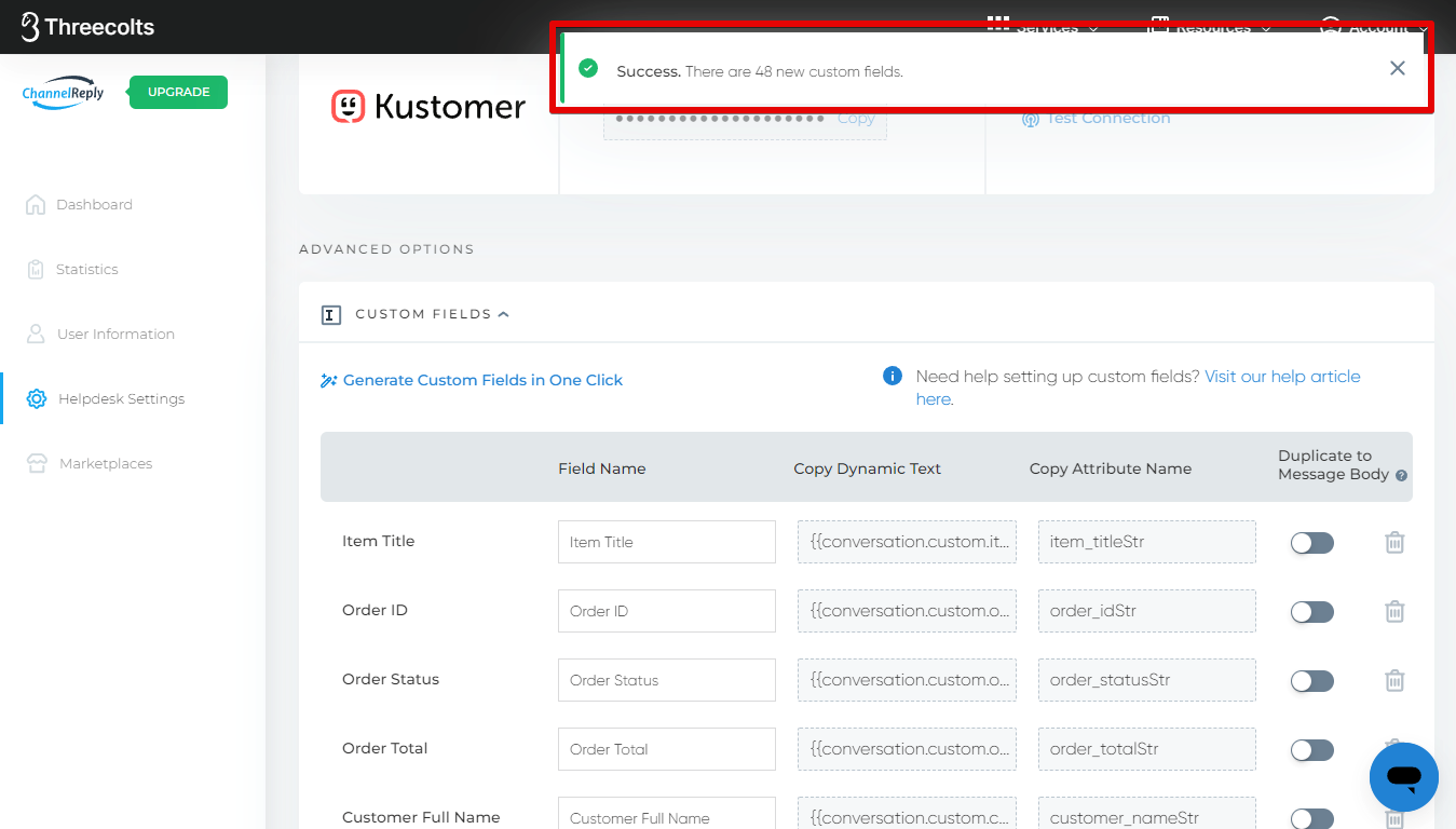 Success notification in CRM Settings