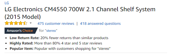 LG Stereo Listing on Amazon