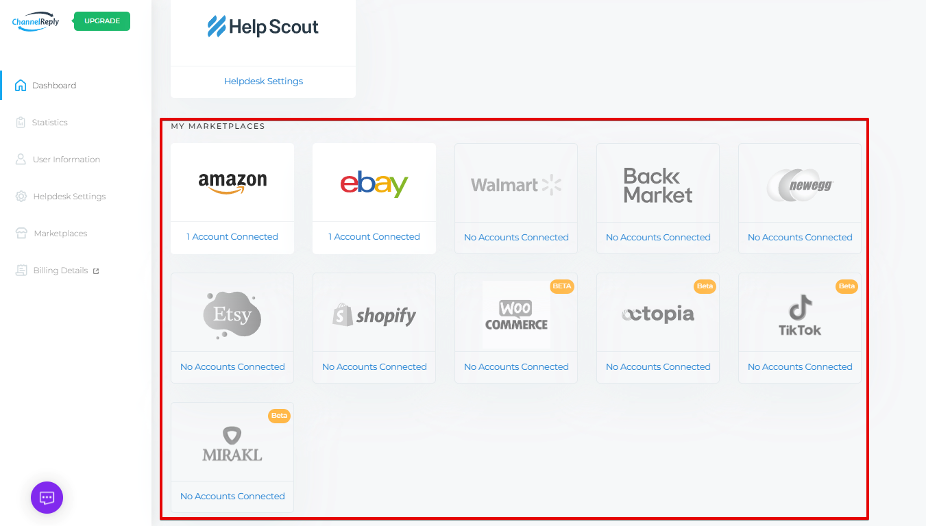 Integrate Help Scout with Amazon, eBay, Walmart, Back Market, Shopify, Newegg, Etsy, WooCommerce or TikTok from ChannelReply Dashboard