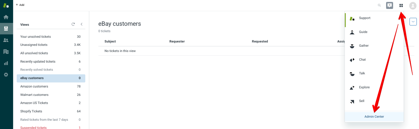 Products Menu and Admin Center Link in Zendesk