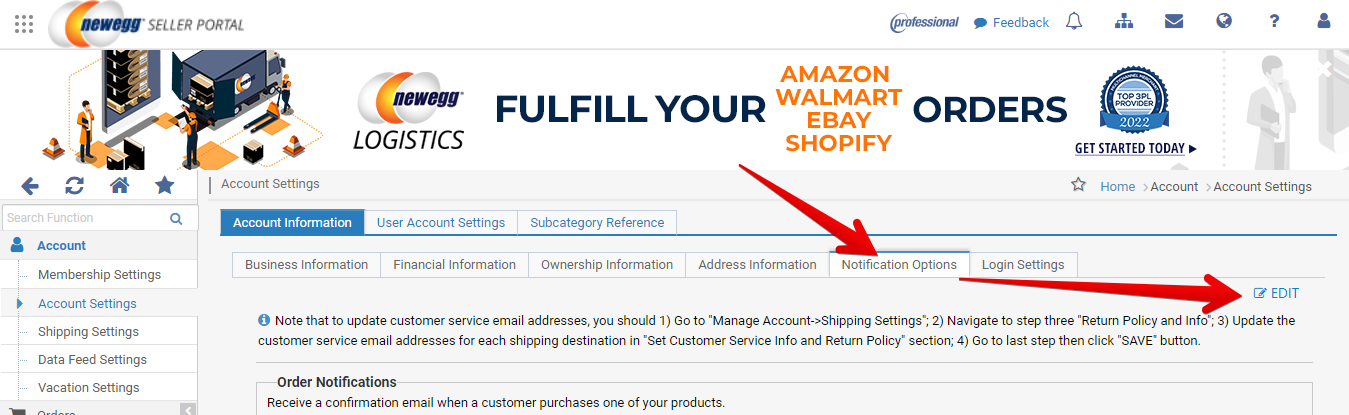Notification Options and Edit Button in Newegg Account Settings