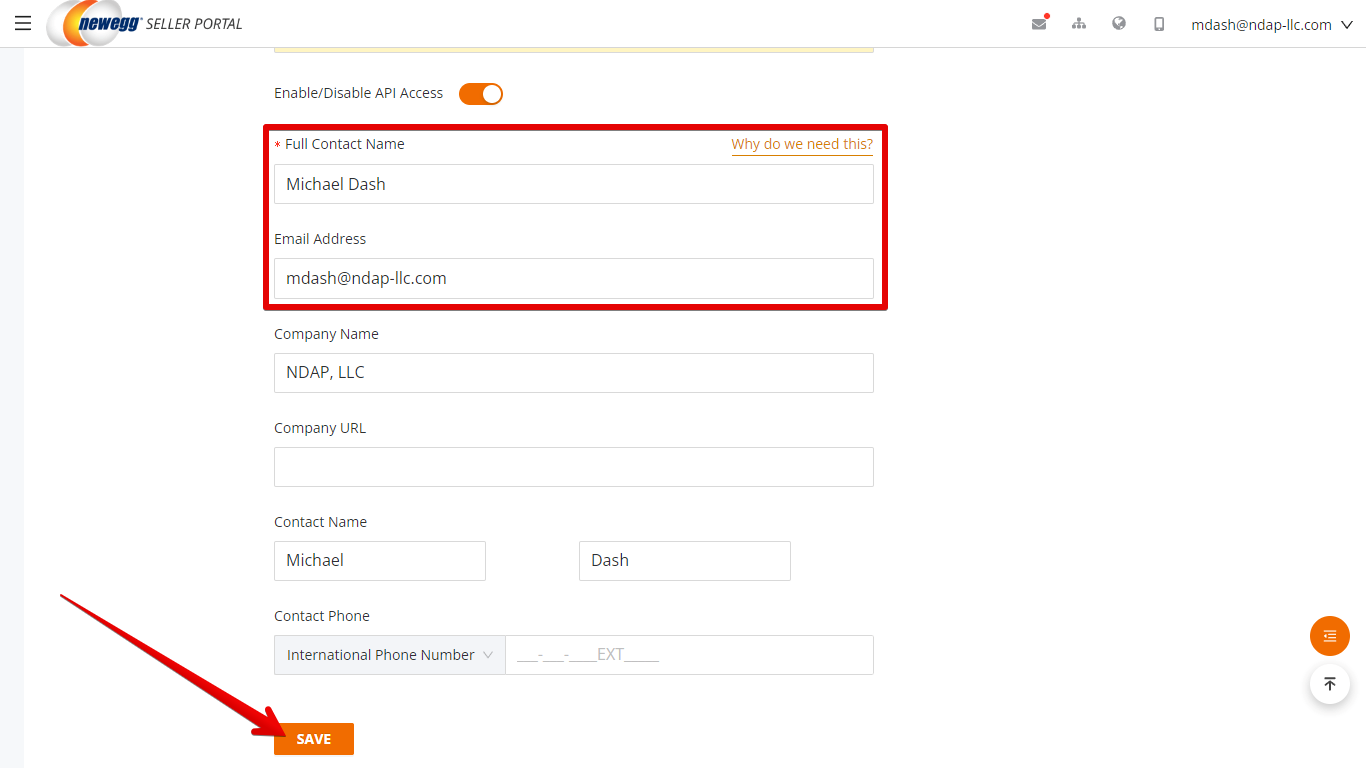 Full Contact Name and Email Address Fields and Save Button in Newegg Data Feed Settings