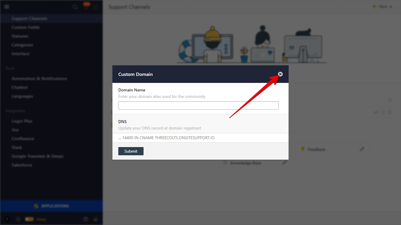 Closing the Custom Domain popover in Onsite