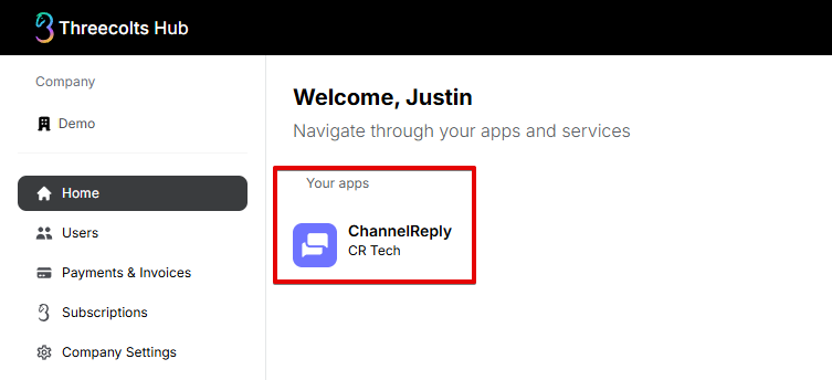 ChannelReply listed under Your apps on Threecolts Hub